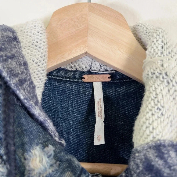 Free People Mixed Media Distressed Denim Jacket  with Knit Sleeves - Picture 12 of 16